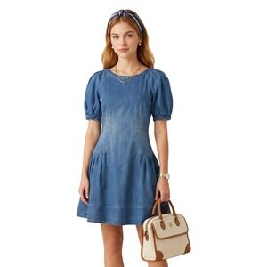 HABITUAL Girl Denim Puff Sleeve Fit and Flare Dress Blue Size 16 Preppy Cottage